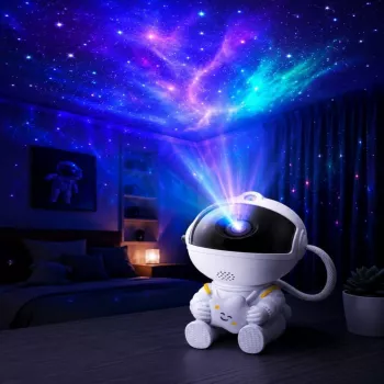 HQ Istuv astronaut Tähistaeva ja udukogu projektor 360° pöörleva peaga ja kaugjuhtimispuldiga Valge