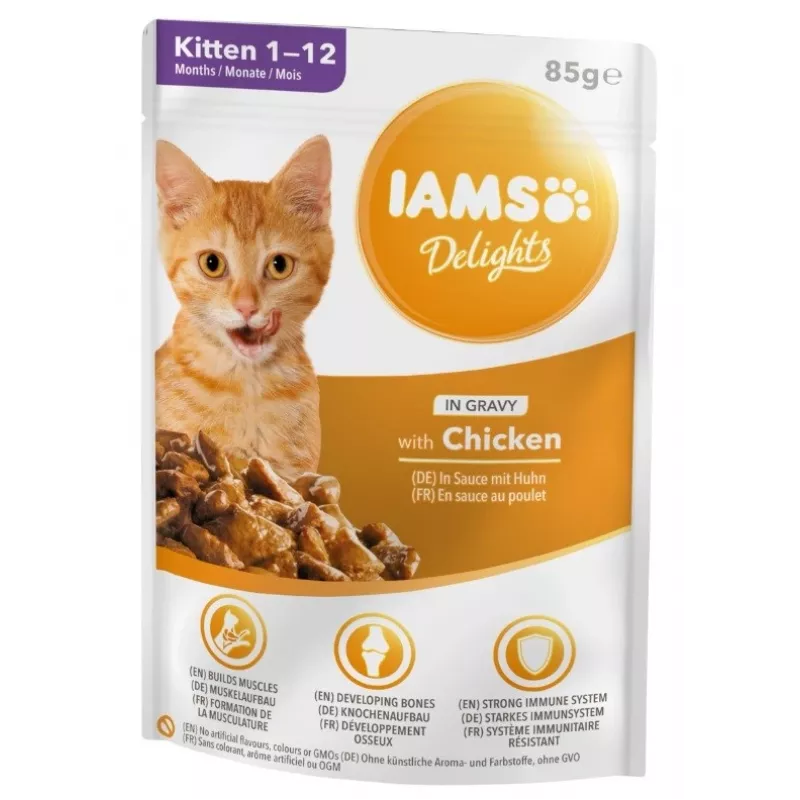 IAMS Delights kassipoeg kana kastmes märg kassitoit, 12 x 85g kotikesed