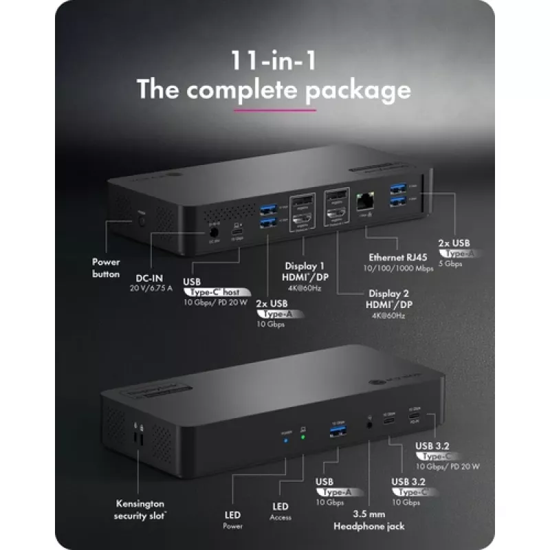 ICY BOX Heart Dock 2255 11-in-1 dokkimisjaam, DisplayLink DL-6950, 2x HDMI/DP 4K@60Hz, 96W Power Delivery, Gigabit LAN, USB-C/A 10Gbps