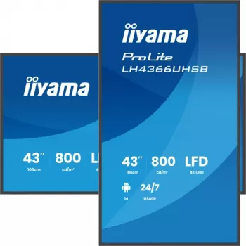 IIYAMA LH4366UHSB-B1AG 43-tolline 4K UHD digitaalne märgistusekraan, VA-paneel, 500 cd/m², 24/7 töö, Android 9.0, Wi-Fi, 2x 10W kõlarid