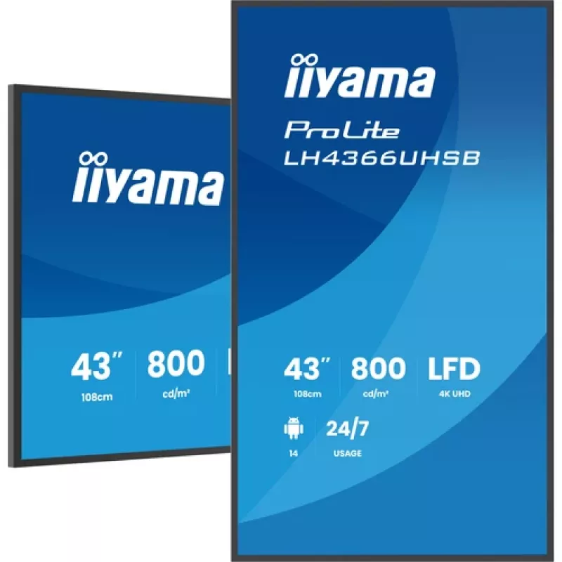 IIYAMA LH4366UHSB-B1AG 43-tolline 4K UHD digitaalne märgistusekraan, VA-paneel, 500 cd/m², 24/7 töö, Android 9.0, Wi-Fi, 2x 10W kõlarid
