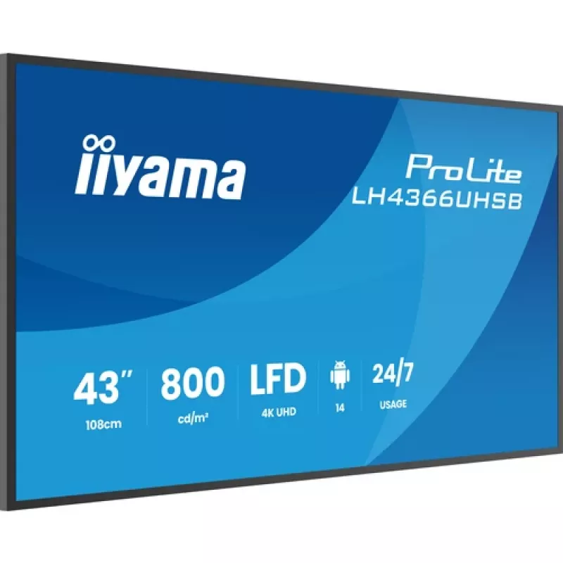IIYAMA LH4366UHSB-B1AG 43-tolline 4K UHD digitaalne märgistusekraan, VA-paneel, 500 cd/m², 24/7 töö, Android 9.0, Wi-Fi, 2x 10W kõlarid
