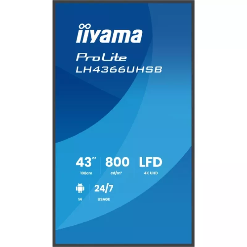 IIYAMA LH4366UHSB-B1AG 43-tolline 4K UHD digitaalne märgistusekraan, VA-paneel, 500 cd/m², 24/7 töö, Android 9.0, Wi-Fi, 2x 10W kõlarid