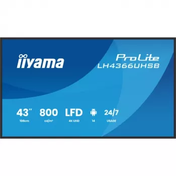 IIYAMA LH4366UHSB-B1AG 43-tolline 4K UHD digitaalne märgistusekraan, VA-paneel, 500 cd/m², 24/7 töö, Android 9.0, Wi-Fi, 2x 10W kõlarid