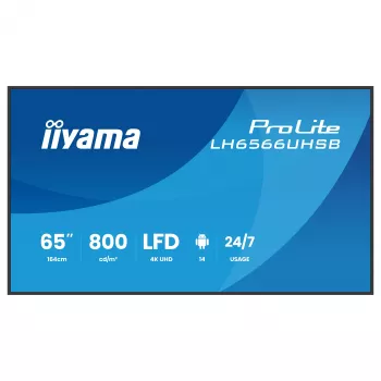 IIYAMA LH6566UHSB-B1AG 65-tolline 4K UHD digitaalne reklaamiekraan Android 11, 500 cd/m², 2x HDMI, USB-C, DP, WiFi, 18/7 töörežiimiga