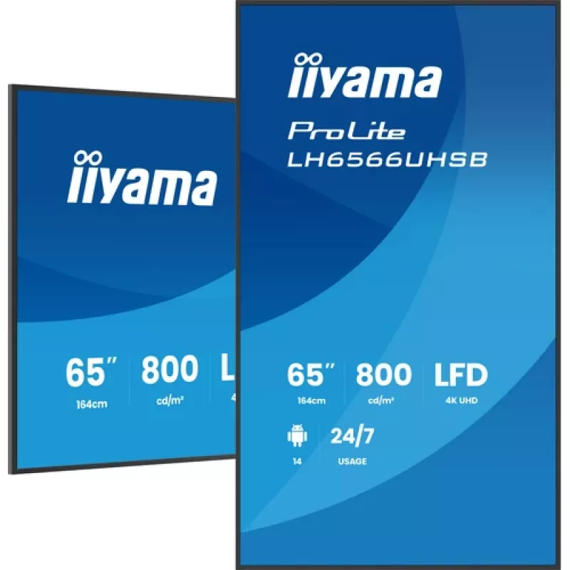 IIYAMA LH6566UHSB-B1AG 65-tolline 4K UHD digitaalne reklaamiekraan Android 11, 500 cd/m², 2x HDMI, USB-C, DP, WiFi, 18/7 töörežiimiga