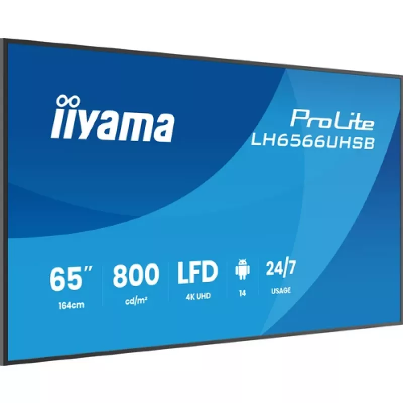 IIYAMA LH6566UHSB-B1AG 65-tolline 4K UHD digitaalne reklaamiekraan Android 11, 500 cd/m², 2x HDMI, USB-C, DP, WiFi, 18/7 töörežiimiga