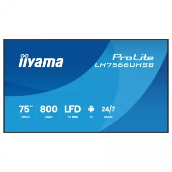 IIYAMA LH7566UHSB-B1AG 75-tolline 4K UHD digitaalne infotahvel Android 11 ja 24/7 töörežiimiga