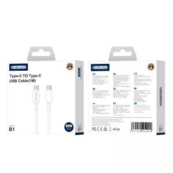 Jellico B1 Durable-Soft universaalne USB-C–USB-C andme- ja kiirlaadimiskaabel PD 20W, 1 m, valge