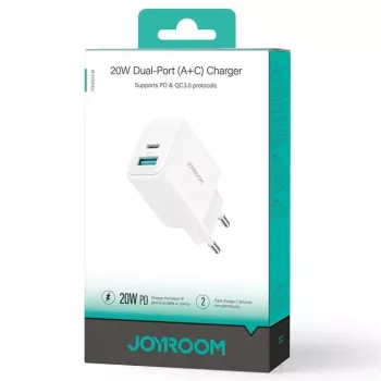 Joyroom 20W Dual-Port (USB-A + USB-C) Laadija EU Pistik Valge