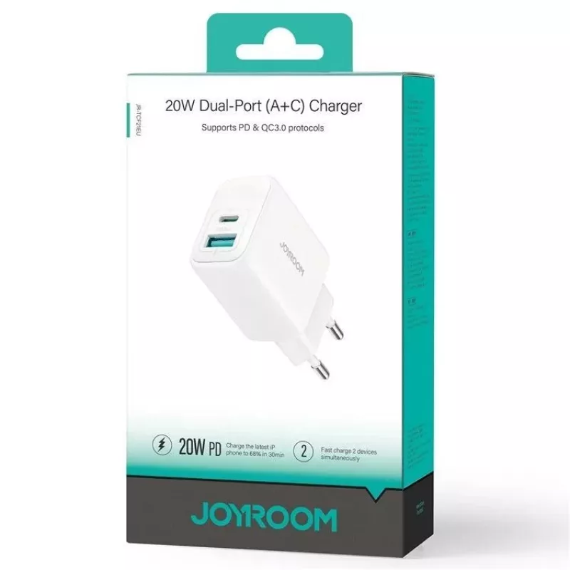 Joyroom 20W Dual-Port (USB-A + USB-C) Laadija EU Pistik Valge