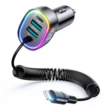 Joyroom 4-in-1 Fast Car Charger PD QC3.0 AFC FCP with 1.6m 57W Lightning Cable Black