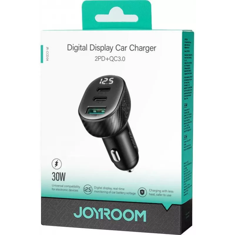 Joyroom JR-CCD04 Auto laadija 30W 2x USB-C USB-A digitaalekraaniga - Must