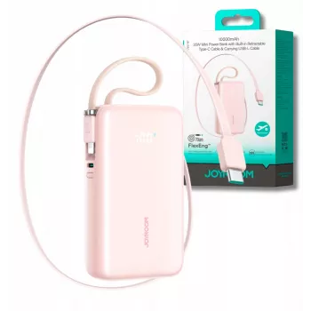 Joyroom JR-PR2L Power Bank 10000 mAh 35W digitaalse ekraani ja sissetõmmatavate USB-C ja Lightning kaablitega (0,7 m) roosa