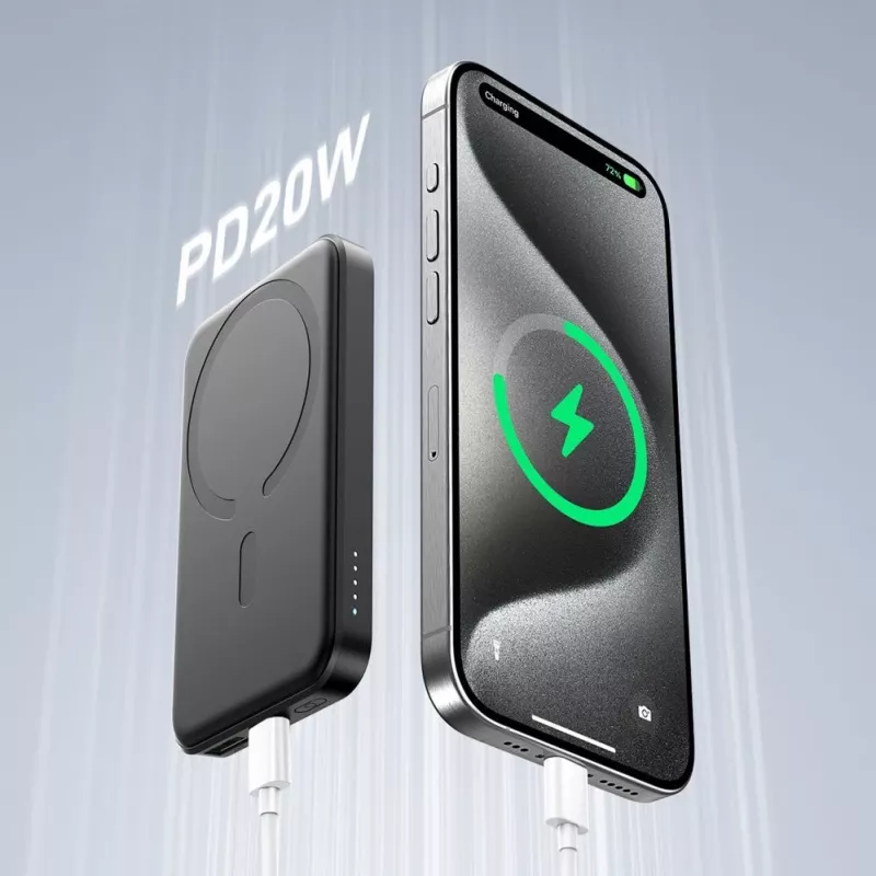 JOYROOM JR-W020 Mini Power Bank 5000mAh 20W USB-A USB-C Wireless Charging - Must + USB-C kaabel