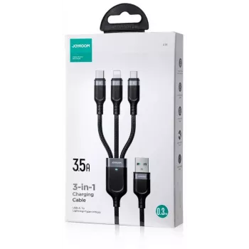 JOYROOM S-1T3018A18 3-in-1 mitme laadimiskaabel USB-A kuni USB-C/Micro-USB/Lightning, 30cm punutud nailon, 3.5A, must