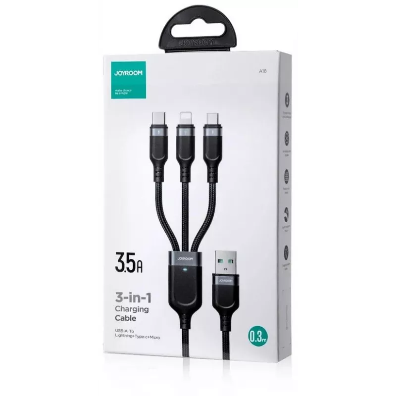 JOYROOM S-1T3018A18 3-in-1 mitme laadimiskaabel USB-A kuni USB-C/Micro-USB/Lightning, 30cm punutud nailon, 3.5A, must