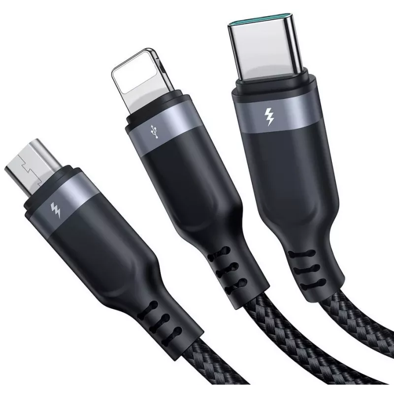 JOYROOM S-1T3018A18 3-in-1 mitme laadimiskaabel USB-A kuni USB-C/Micro-USB/Lightning, 30cm punutud nailon, 3.5A, must
