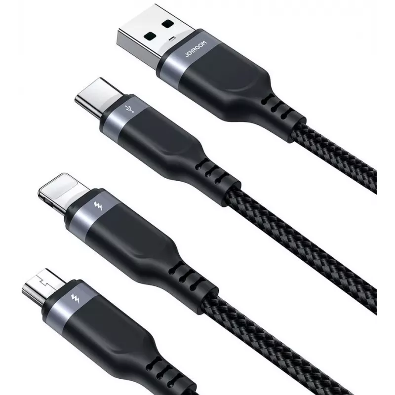 JOYROOM S-1T3018A18 3-in-1 mitme laadimiskaabel USB-A kuni USB-C/Micro-USB/Lightning, 30cm punutud nailon, 3.5A, must
