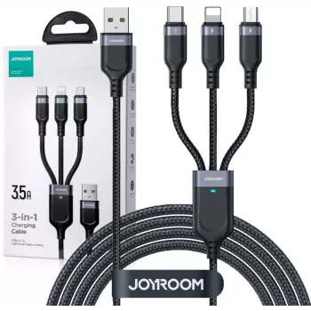 JOYROOM S-1T3018A18 3-in-1 mitme laadimiskaabel USB-A kuni USB-C/Micro-USB/Lightning, 30cm punutud nailon, 3.5A, must