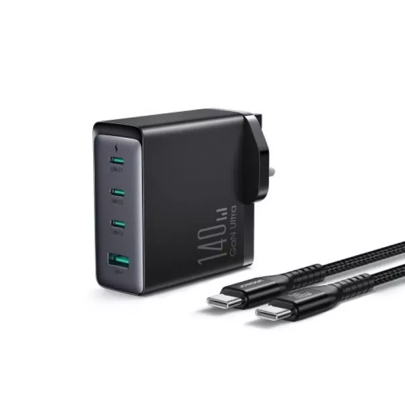 Joyroom Travel Charger GaN Fast Charger (UK) C+C+C+U, 140W, with Type-C to Type-C, PD 240W cable (1.2m) Black