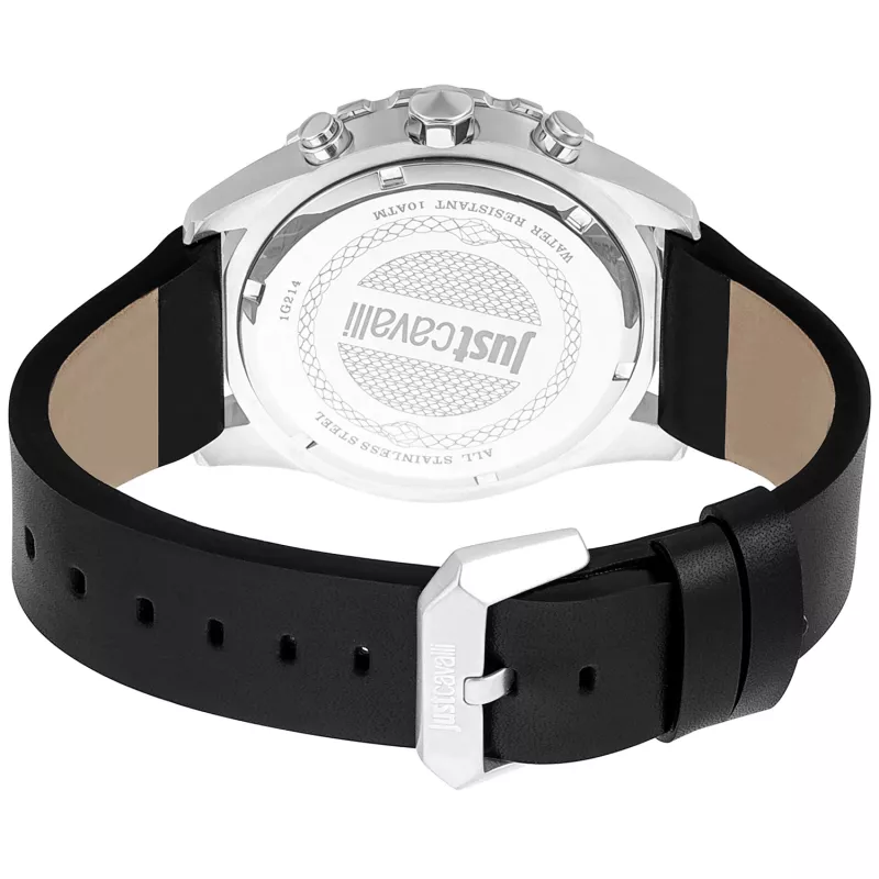JUST CAVALLI MAN JC1G214L0015 46mm Quartz Analog Watch Black Dial Black Leather Strap