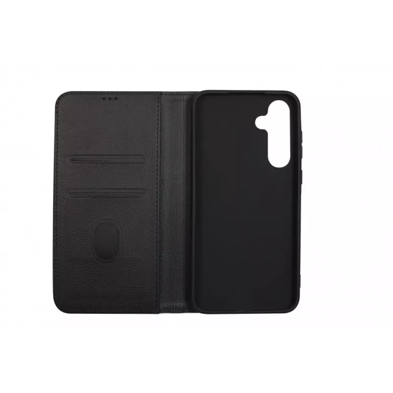 JUST MUST JM Stand Flip Case Samsung Galaxy A35 5G jaoks, must – PU-nahast rahakott kaarditaskute ja alusega