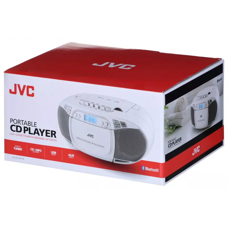 JVC RC-E451W kaasaskantav CD-mängija FM/AM-raadioga, AUX-sisend, bassivõimendus, valge