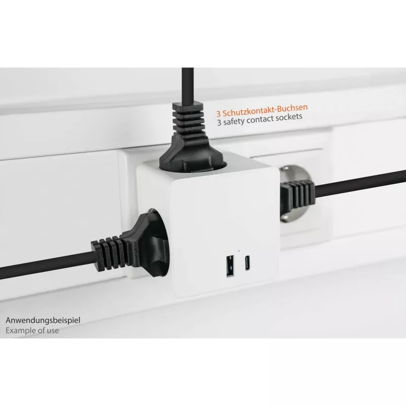 KABELMEISTER pistikupesakuubik 3x Schutzkontakt pistikupesa, USB-C 20W PD 3.0 ja USB-A 18W, 1,5m, valge