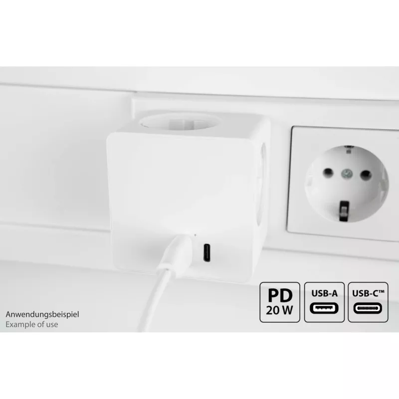 KABELMEISTER pistikupesakuubik 3x Schutzkontakt pistikupesa, USB-C 20W PD 3.0 ja USB-A 18W, 1,5m, valge