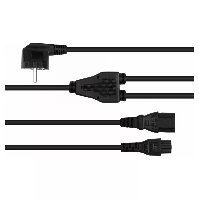 Kabelmeister Schuko toitejaotuskabel, 90° nurga all pistikuga C13 + C5, must, 2m