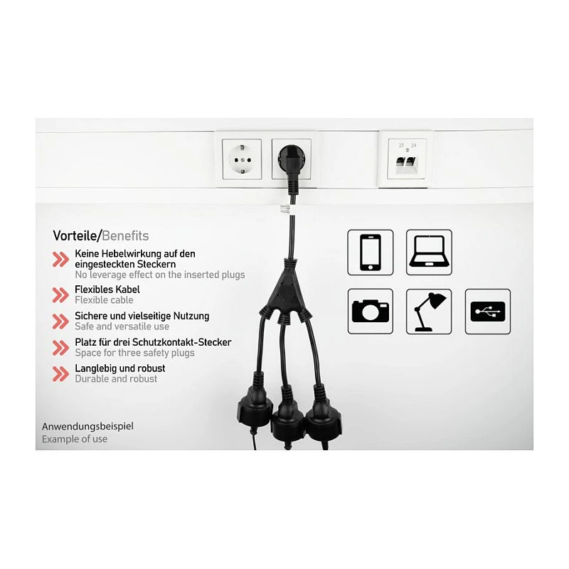 Kabelmeister SK0103-S002 3-suunaline Schuko jaotur, 90° nurgaga pistik, 0,2m kaabel, must