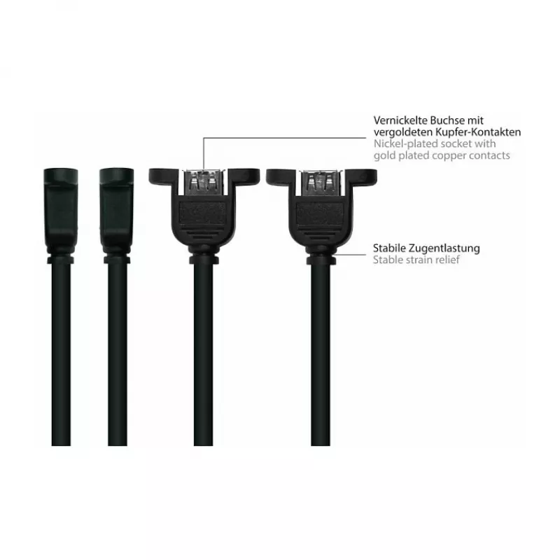 Kabelmeister USB 2.0 pikenduskaabel, Type-A isane pistik paneelikinnitusega Type-A emane pistikupesa, 1m, must