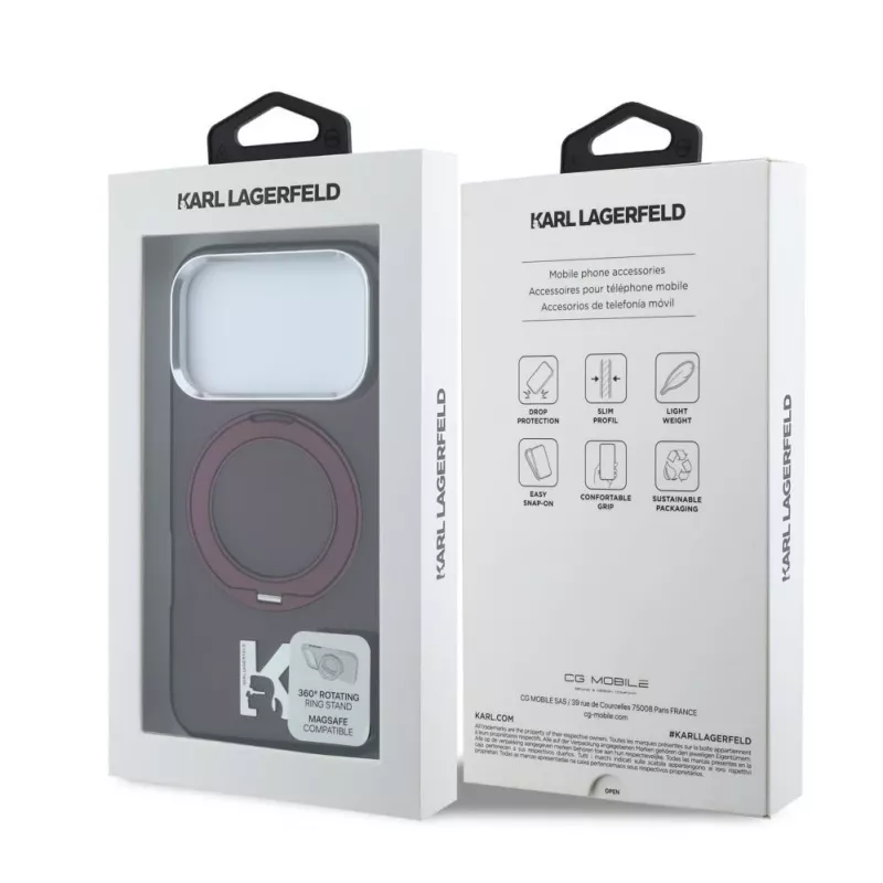 Karl Lagerfeld IML Ring Stand 360 Kameo Metal MagSafe-korpus iPhone 18 Pro Max / 17 Pro Max Burgundia