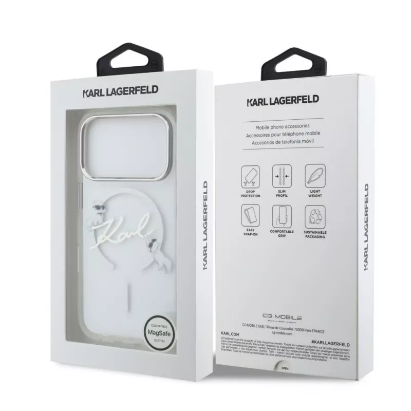 Karl Lagerfeld iPhone 15 Pro MagSafe kõva ümbris, läbipaistev Karl Script logoga