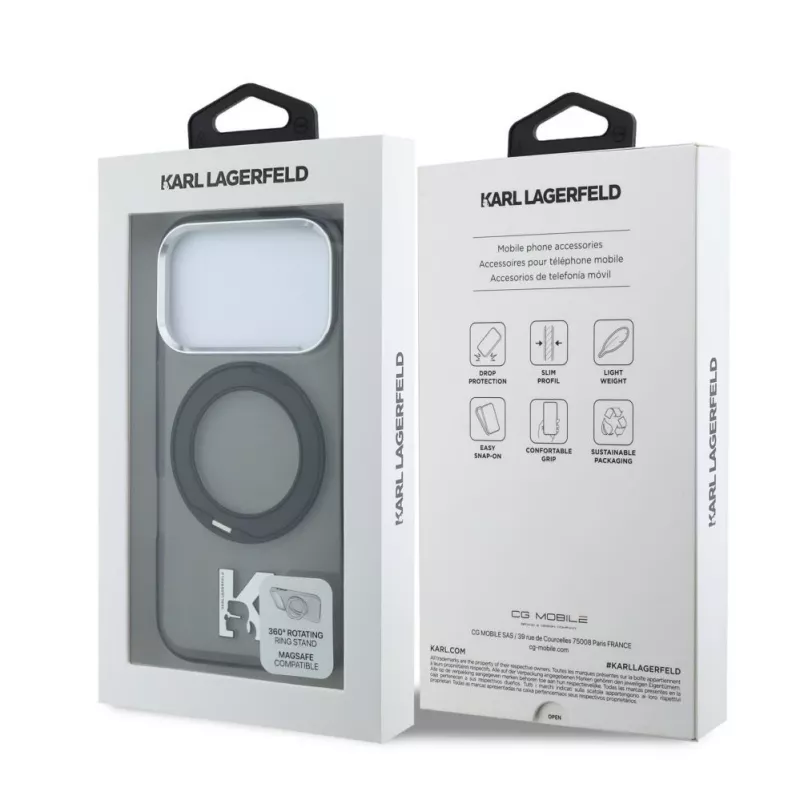 Karl Lagerfeld iPhone 18 Pro / 17 Pro MagSafe IML Ring Stand 360 Kameo Metallist korpus - Must