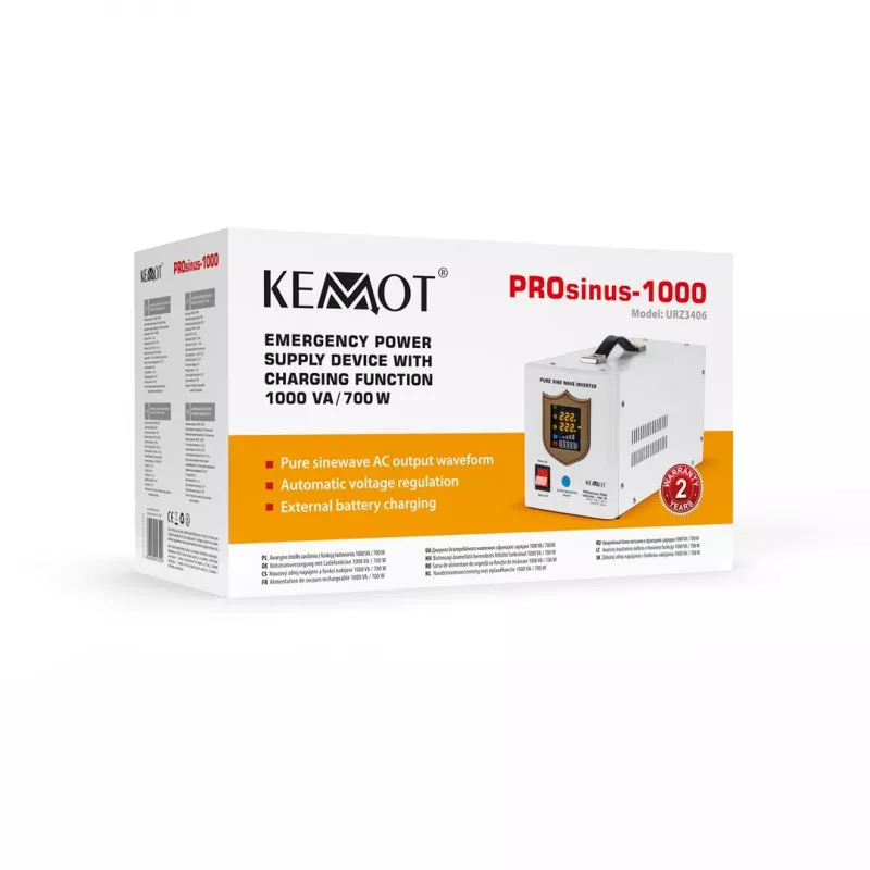 KEMOT PROsinus-1000 Avariitoiteallikas – Puhas siinuslaine inverter 12V laadimisfunktsiooniga, 230V, 1000VA/700W