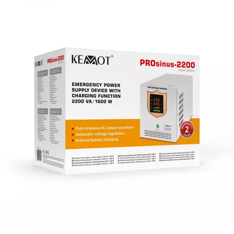 KEMOT PROsinus-2200 puhas siinuslaine inverter 12V laadimisfunktsiooniga, 230V, 2200VA/1600W