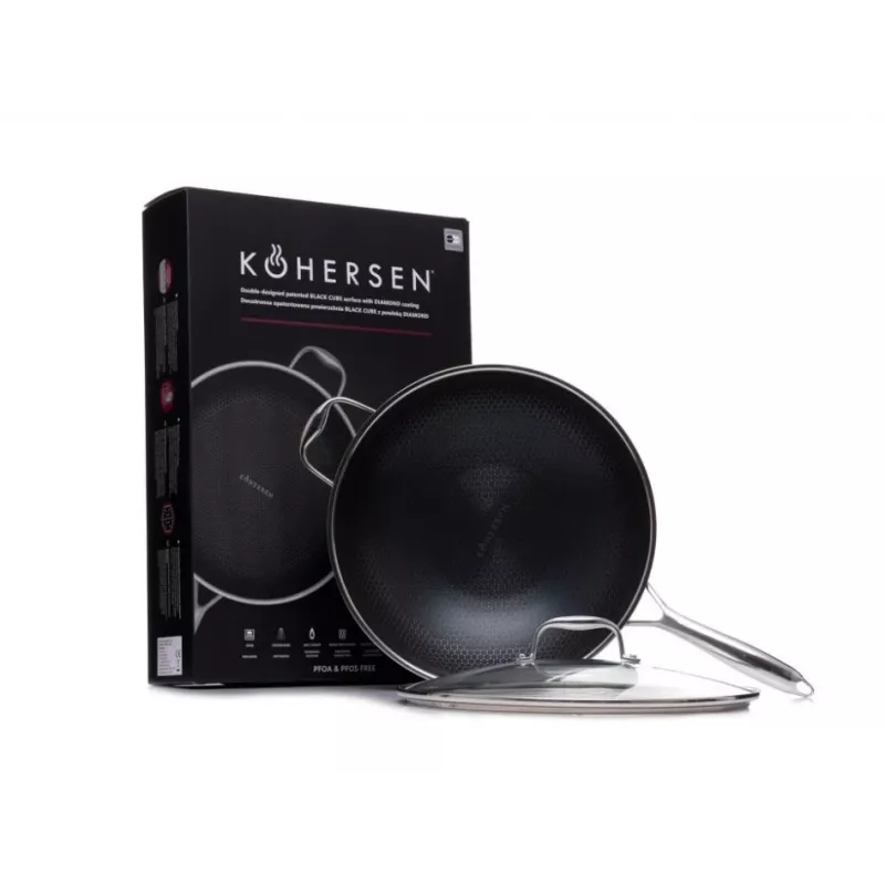 Kohersen Black Cube 32 cm Wok, Tri-Ply Stainless Steel, Induction Compatible, Non-Stick
