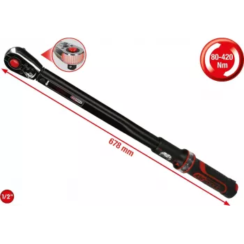 KS TOOLS 1/2 inch ERGOTORQUEprecision põrkega momentvõti, 80-420 Nm, kahene skaala, DIN EN ISO 6789-1:2017, plastkarbiga (516.1582)