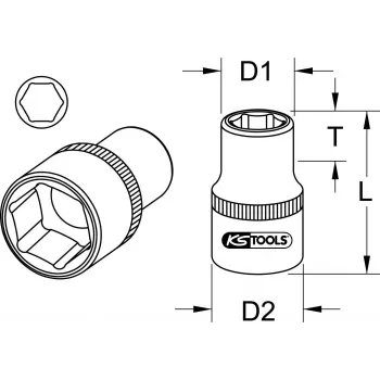KS TOOLS 1-tolline padrun 38mm lühike kuuskantpadrun, 6-kandiline, kroomvanaadium, DIN 3124 911.1038