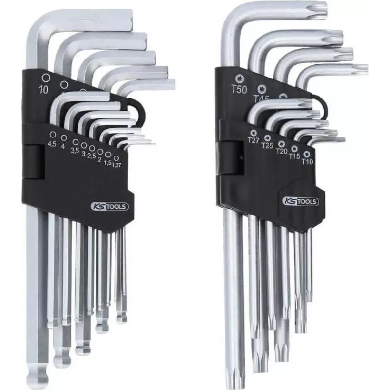 KS TOOLS 22-osaline kuuskant- ja TORX L-võtmete komplekt kuulkinnitusega ja hoidjaga