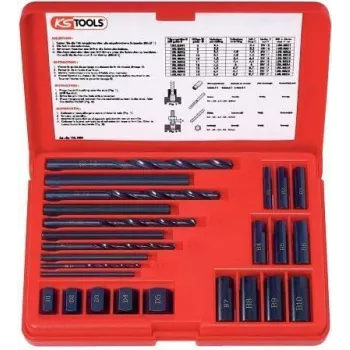 KS TOOLS 25-osaline kruviväljavõtja komplekt, vasakukäeline HSS, M3-M18, koos puuride ja juhtpuksidega (150.1305)