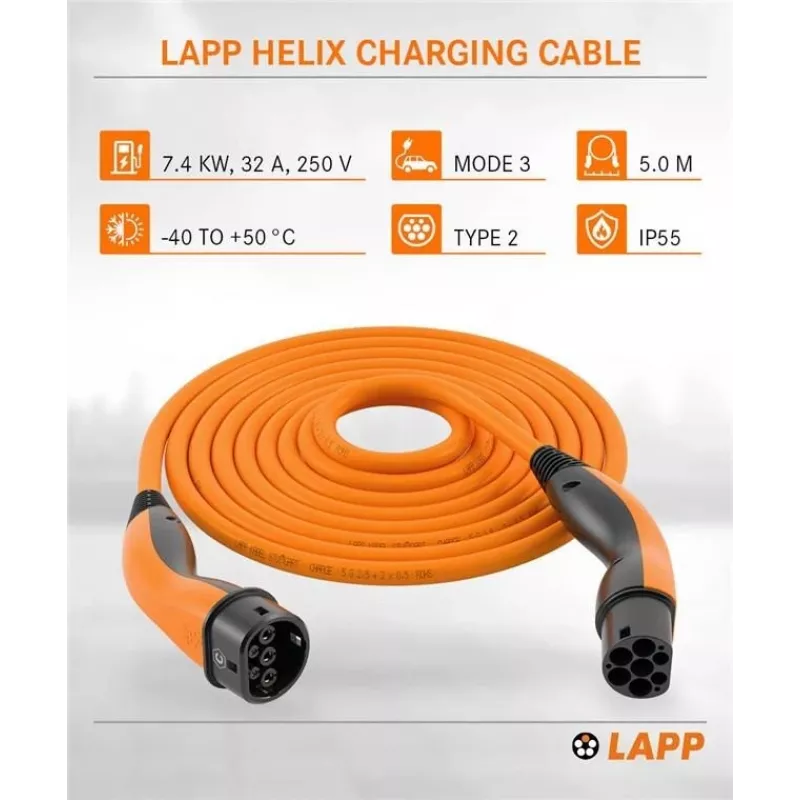 LAPP MOBILITY HELIX® Type 2 laadimiskaabel, kuni 7,4 kW, 5 m, oranž (61797)