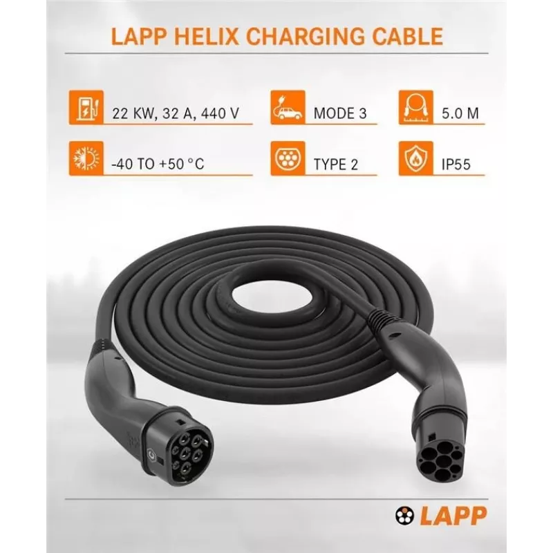 LAPP MOBILITY HELIX® Type 2 elektriauto laadimiskaabel, 22 kW, 5 m, must 61795