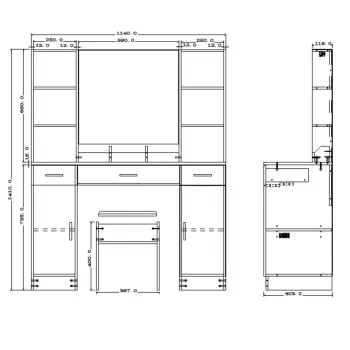 LEAN Kosmeetikalaud LED-peegli, sahtlite ja kapiga, valge, 141x114x39 cm