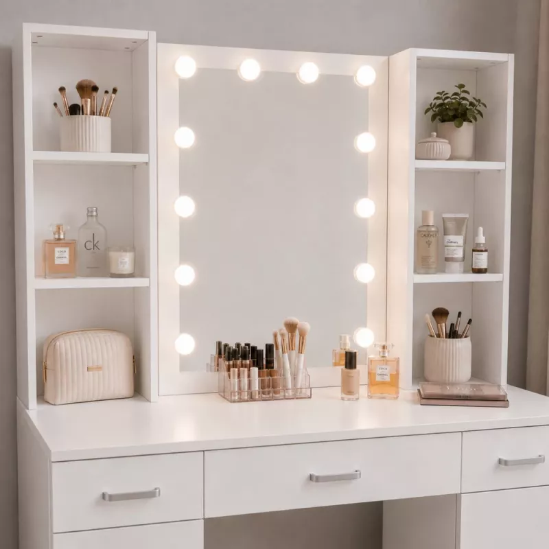 LEAN Kosmeetikalaud LED-peegli, sahtlite ja kapiga, valge, 141x114x39 cm