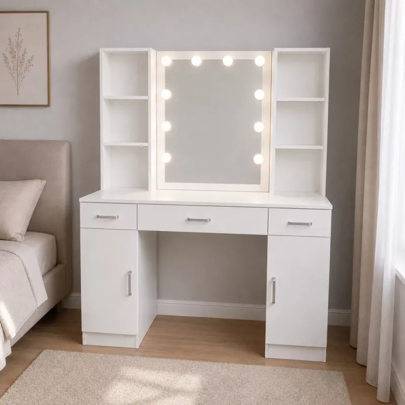 LEAN Kosmeetikalaud LED-peegli, sahtlite ja kapiga, valge, 141x114x39 cm