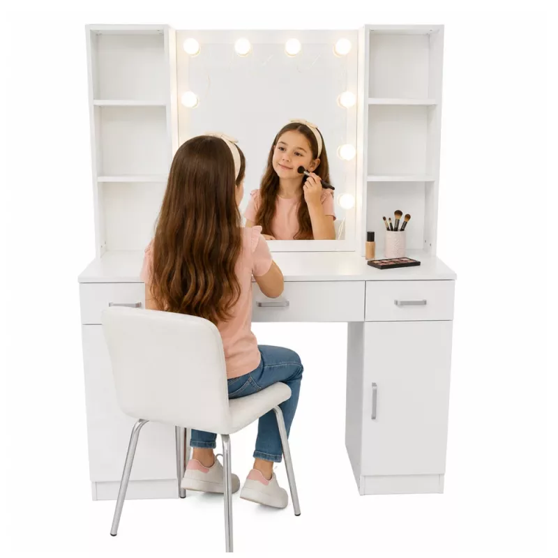 LEAN Kosmeetikalaud LED-peegli, sahtlite ja kapiga, valge, 141x114x39 cm
