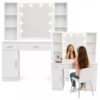 LEAN Kosmeetikalaud LED-peegli, sahtlite ja kapiga, valge, 141x114x39 cm